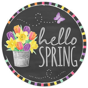 12"Dia Metal Hello Spring Sign Gry/Wht/Ylw/Or/Pnk/Prp/Gr