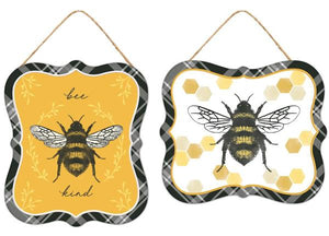 7"Hx6"L Embossed Tin Honey Bee Sign 2 Asst;Mustard/Blk/Yellow