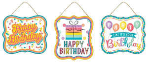 7"Lx6"H Embossed Tin Happy Birthday Sign 3Asst;Pink/Yllw/Teal/Ppl