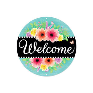 8"Dia Metal Welcome W/Flowers Sign Teal/Blk/Wht/Pink/Ylw/Grn