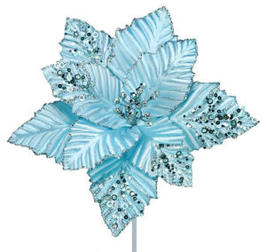 11"L Velvet/Glitter Poinsettia Stem Light Blue