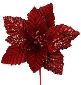 11"L Velvet/Glitter Poinsettia Stem Red