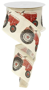 2.5"X10Yd Tractor On Royal Burlap Cream/Red/Blk