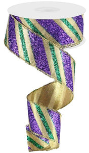 1.5"X10Yd Diagonal Glitter Stripe Mardi Gras