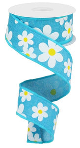 1.5"X10Yd Flower Daisy Print On Royal Turquoise