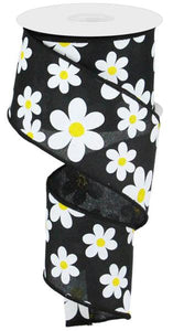 2.5"X10Yd Flower Daisy Print On Royal Black/White/Yellow
