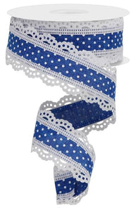 1.5"X10Yd Raised Swiss Dots W/Lace  Royal Blue/White
