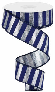 1.5"X10Yd Metallic Horizontal Stripe Silver/Navy Blue