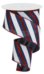 2.5"X10Yd Diagonal Glitter Stripe Navy Blue/Red/White