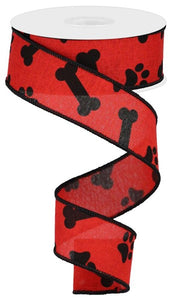 1.5"X10YD PAW PRINT/BONES ON ROYAL Red/Black RGA114724