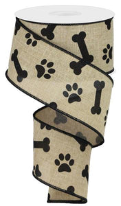 2.5"X10Yd Paw Print/Bones On Royal Lt Beige/Black