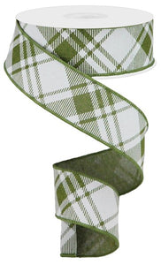1.5"X10Yd Diagonal Stripe/Multi Check Moss Green/White