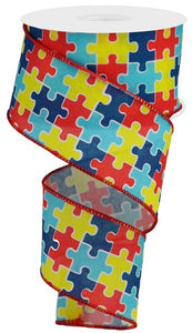 2.5"X10Yd Puzzle Pieces On Royal White/Multi