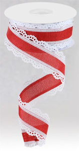 1.5"X10Yd Scalloped Edge Royal Burlap White/Red