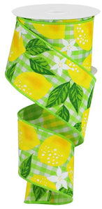 2.5"X10Yd Lemons On Woven Check  Green/White/Yellow