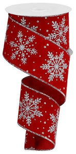 2.5"X10Yd Glittered Snowflakes On Velvet Red/Silver