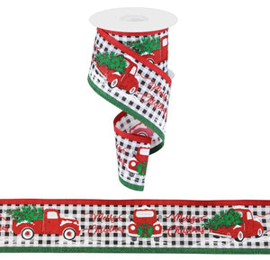 2.5"X10Yd Merry Christmas/Truck/Gingham White/Red/Green