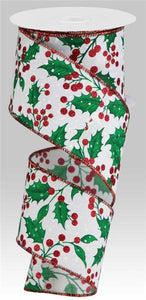 2.5"X10Yd Holly Leaves/Berries White/Red/Green/Ivory