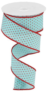 1.5"X10Yd Swiss Dots On Burlap Ice Blue/Red