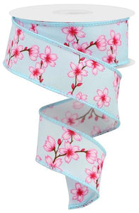 1.5"X10Yd Blossoms On Diagonal Weave White/Lt Blue/Pink/Brown