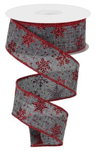 1.5"X10Yd Glitter Snowflakes Grey/Red