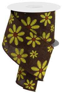 2.5"X10Yd Faux Embroidery Mixed Daisy Dk Brown/Yellow/Rust