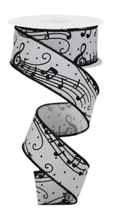 1.5"X10Yd Music Notes On Diagonal Weave White/Black