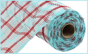 10.25"X10Yd Faux Jute Check Mesh White/Red/Ice Blue