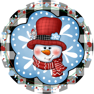 Snowman With Mouse Plaid Metal Wreath Sign (Choose Size)
