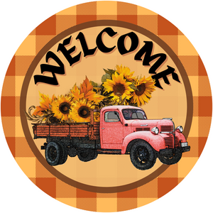 Fall Red Truck Sunflower Metal Sign