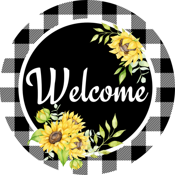 Welcome Plaid Sunflower Round Metal Sign