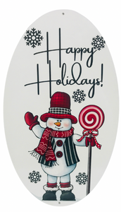 7"x12" Oval Metal Happy Holiday Snowman Metal Sign